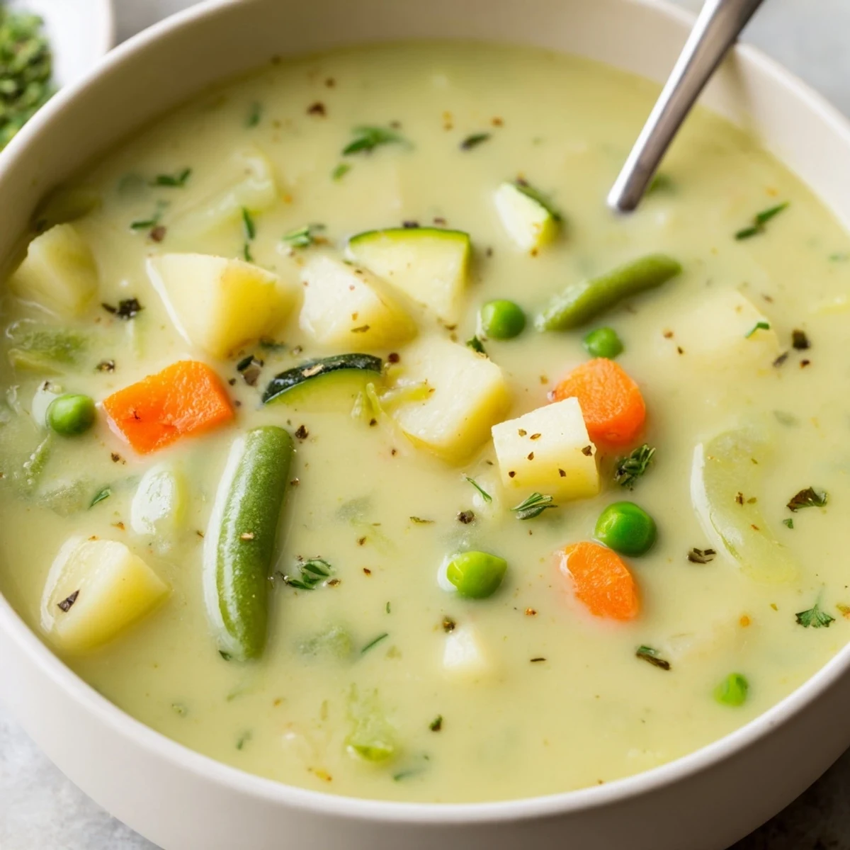 Warm Creamy Vegetable Soup Recipe ladled over crusty bread, vibrant vegetable pieces visible