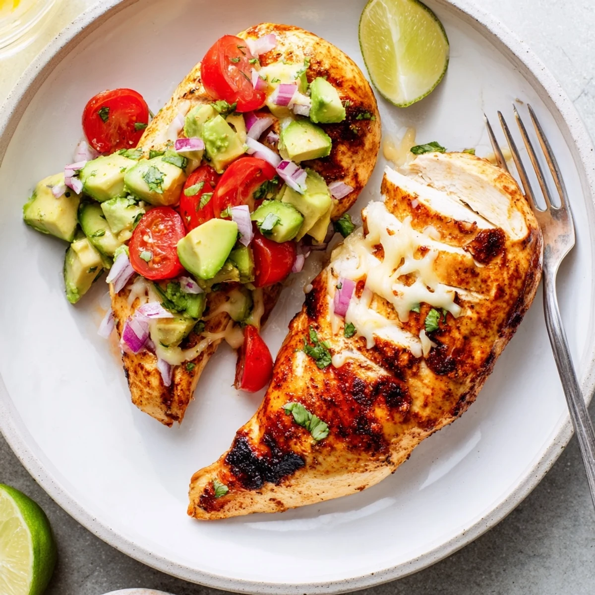 Juicy Fiesta Lime Chicken With Avocado served with warm tortillas and salsa