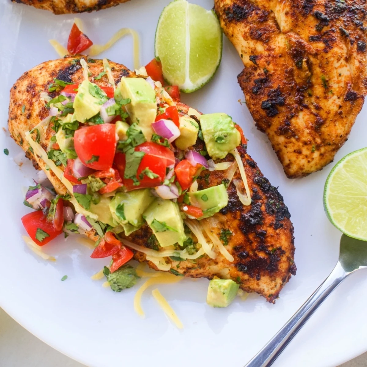 Charred Fiesta Lime Chicken With Avocado crowned by silky lime crema and cilantro