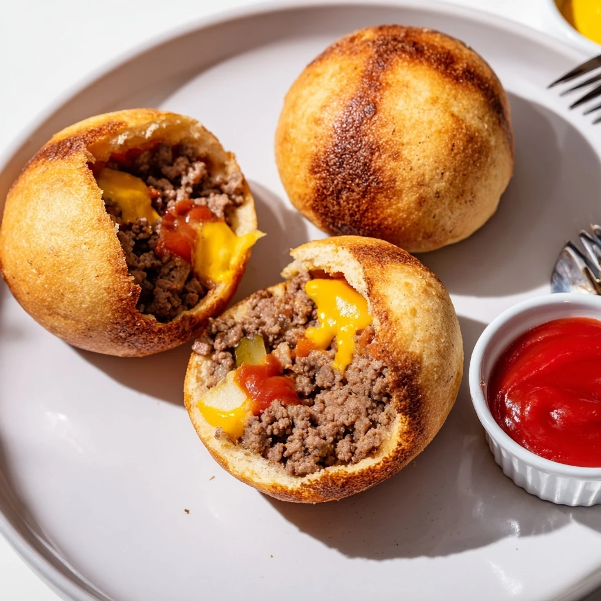 Baked Cheesy Cheeseburger Bombs Explosion Recipe oozing cheddar, served with tangy burger sauce