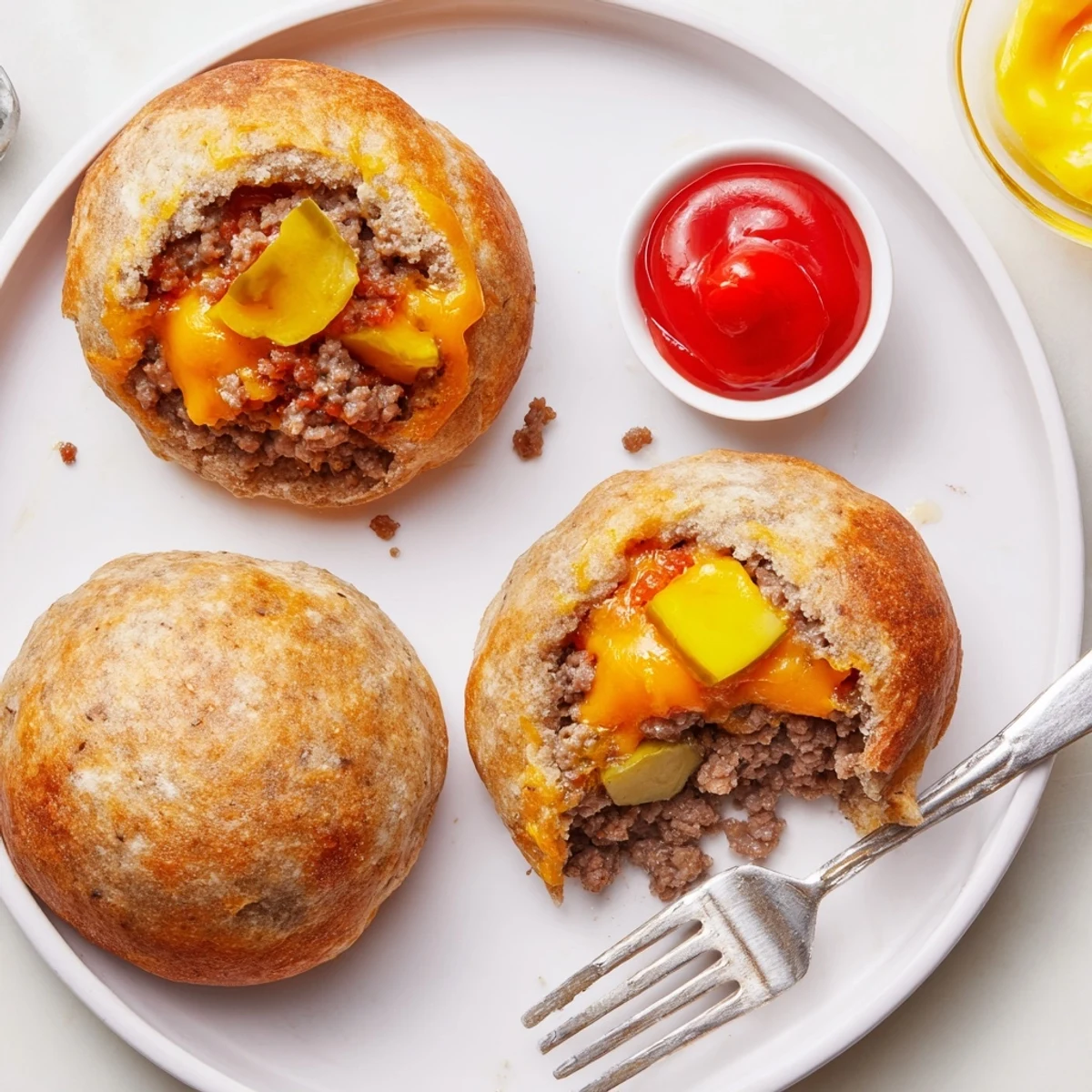 Golden biscuit wrapped Cheesy Cheeseburger Bombs Explosion Recipe steaming with melted cheese