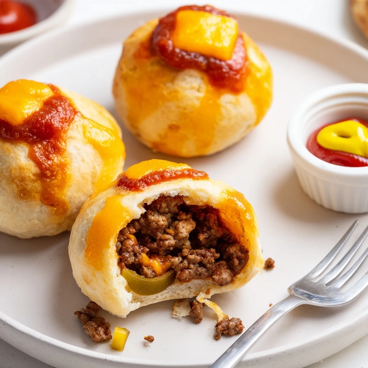 Close up Cheesy Cheeseburger Bombs Explosion Recipe sesame topped, ready for dipping