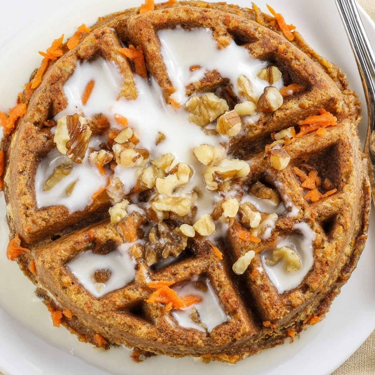 Golden Carrot Cake Waffles stacked with cream cheese glaze and toasted pecans