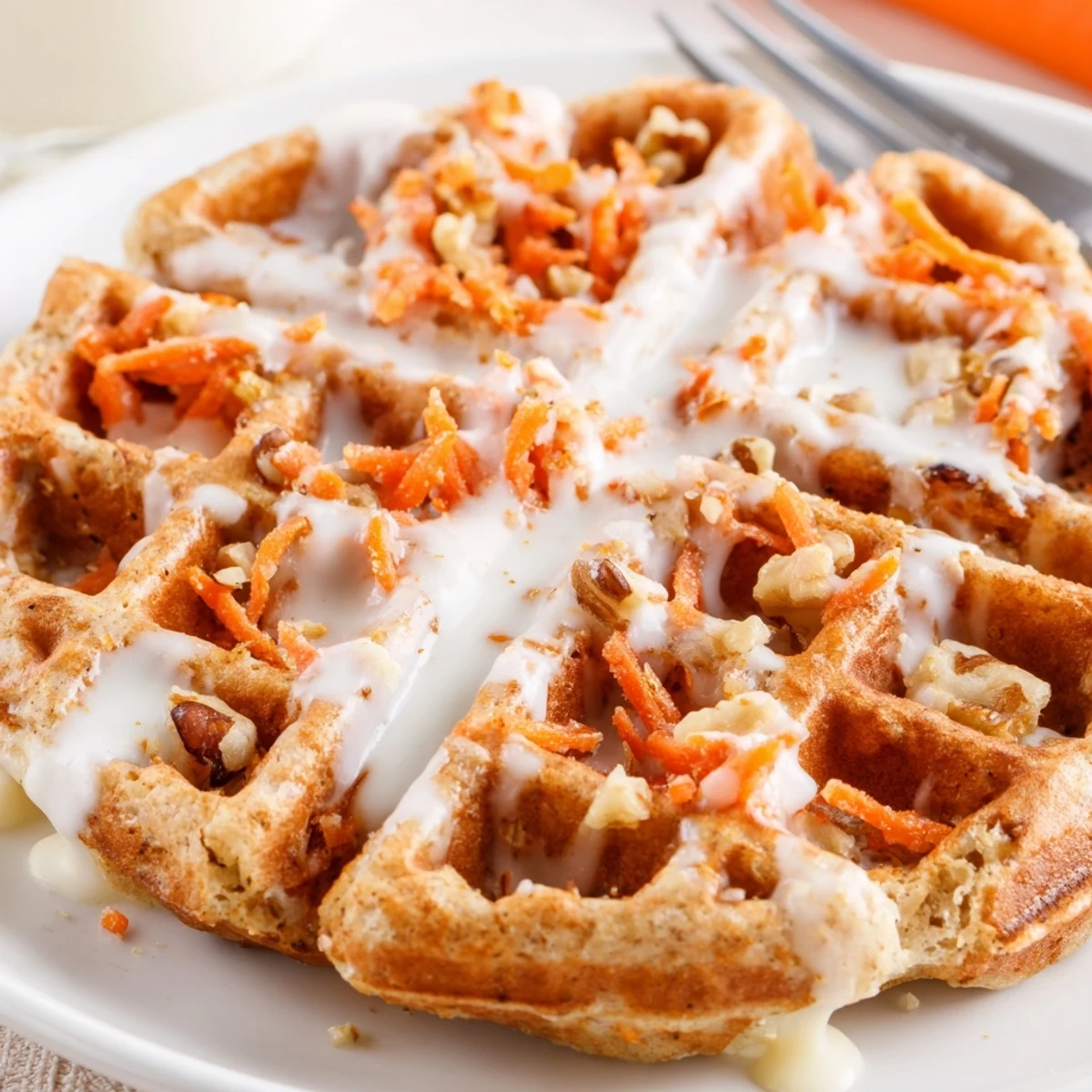 Freshly baked Carrot Cake Waffles dusted with cinnamon and visible grated carrots