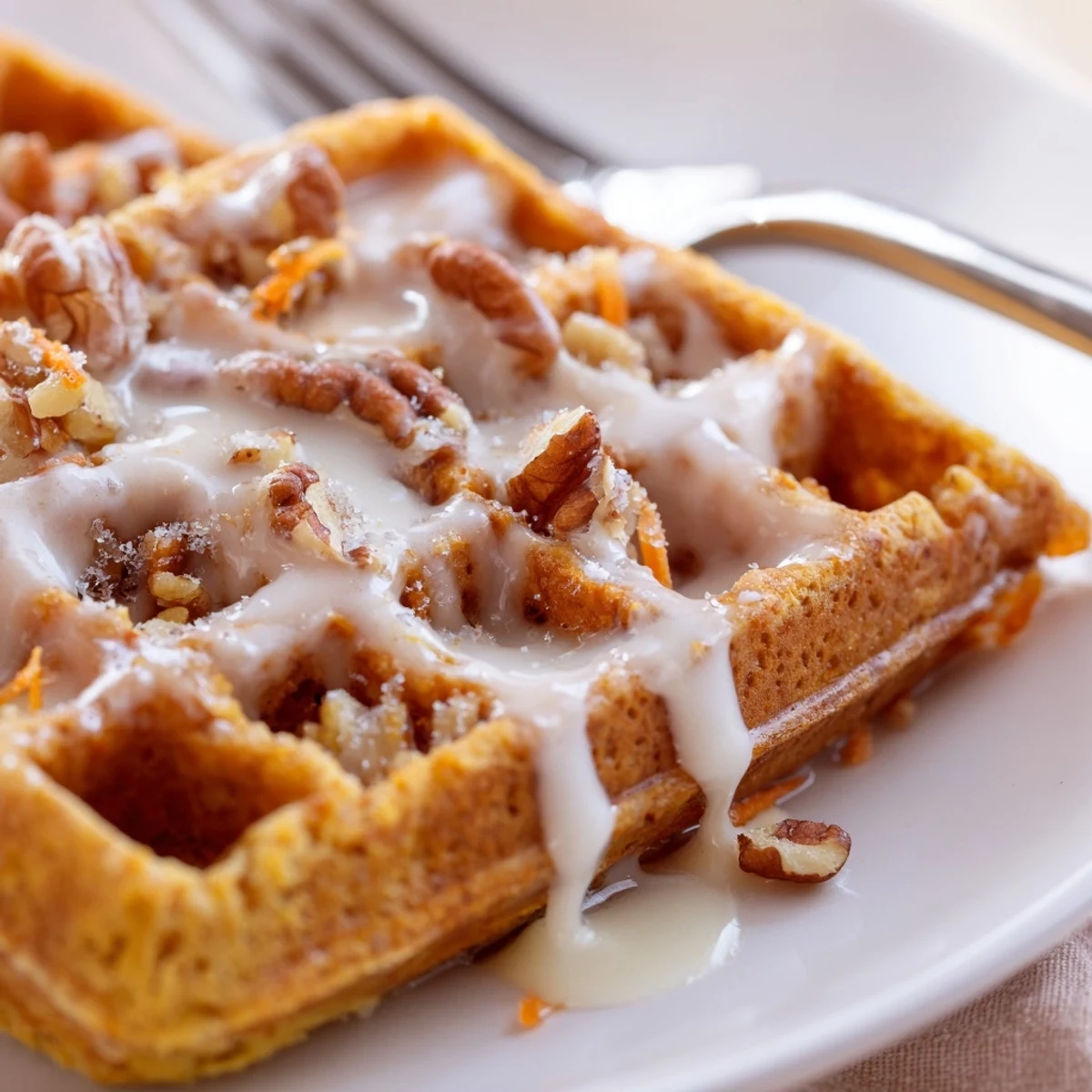 Crispy edged Carrot Cake Waffles served for brunch with maple syrup drizzle