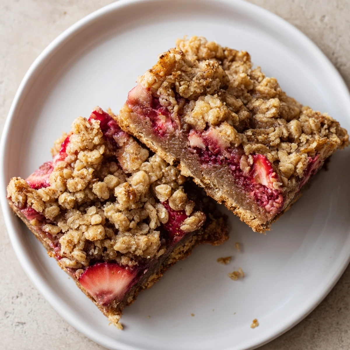 Warm Strawberry Oatmeal Crumble Bars with golden oat topping, served with ice cream.