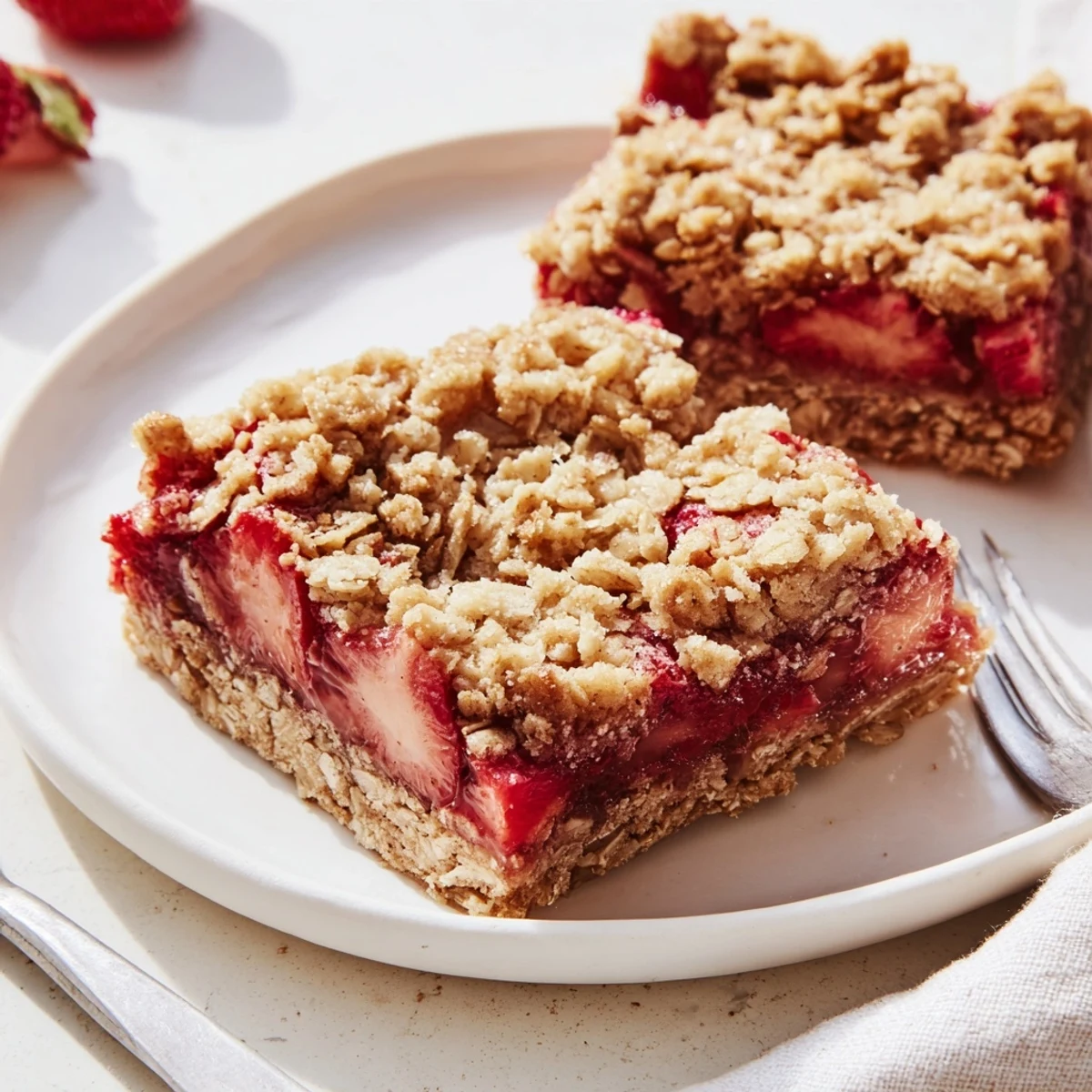 A cooled batch from the Strawberry Oatmeal Crumble Bars recipe, buttery crumbs.