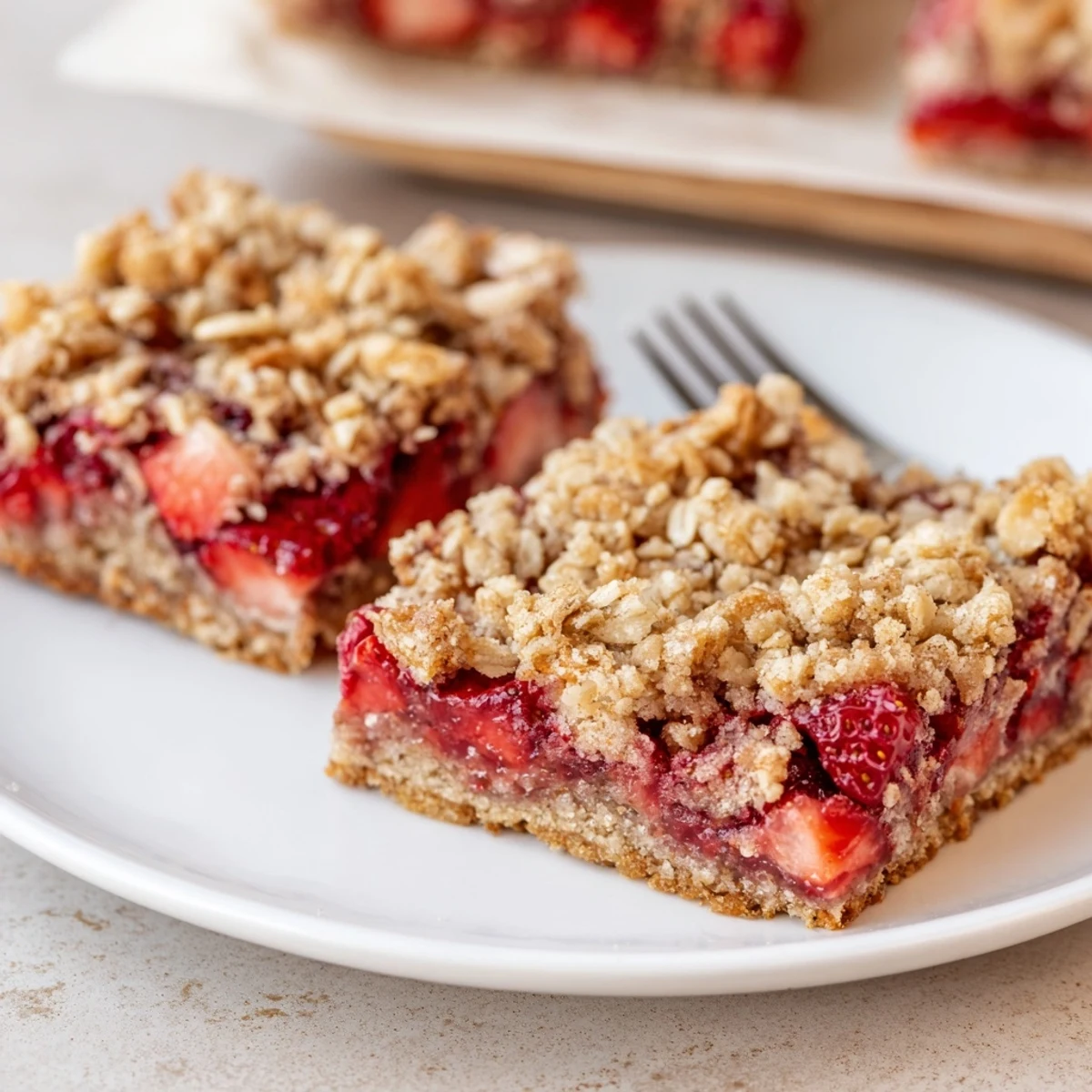 Homemade Strawberry Oatmeal Crumble Bars recipe cooling in pan, jammy filling visible.