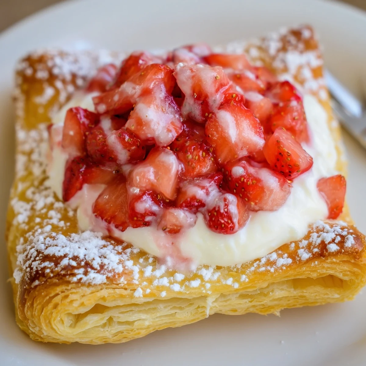 Warm Strawberry Danish Recipe: flaky golden pastry, cream cheese, juicy strawberries.