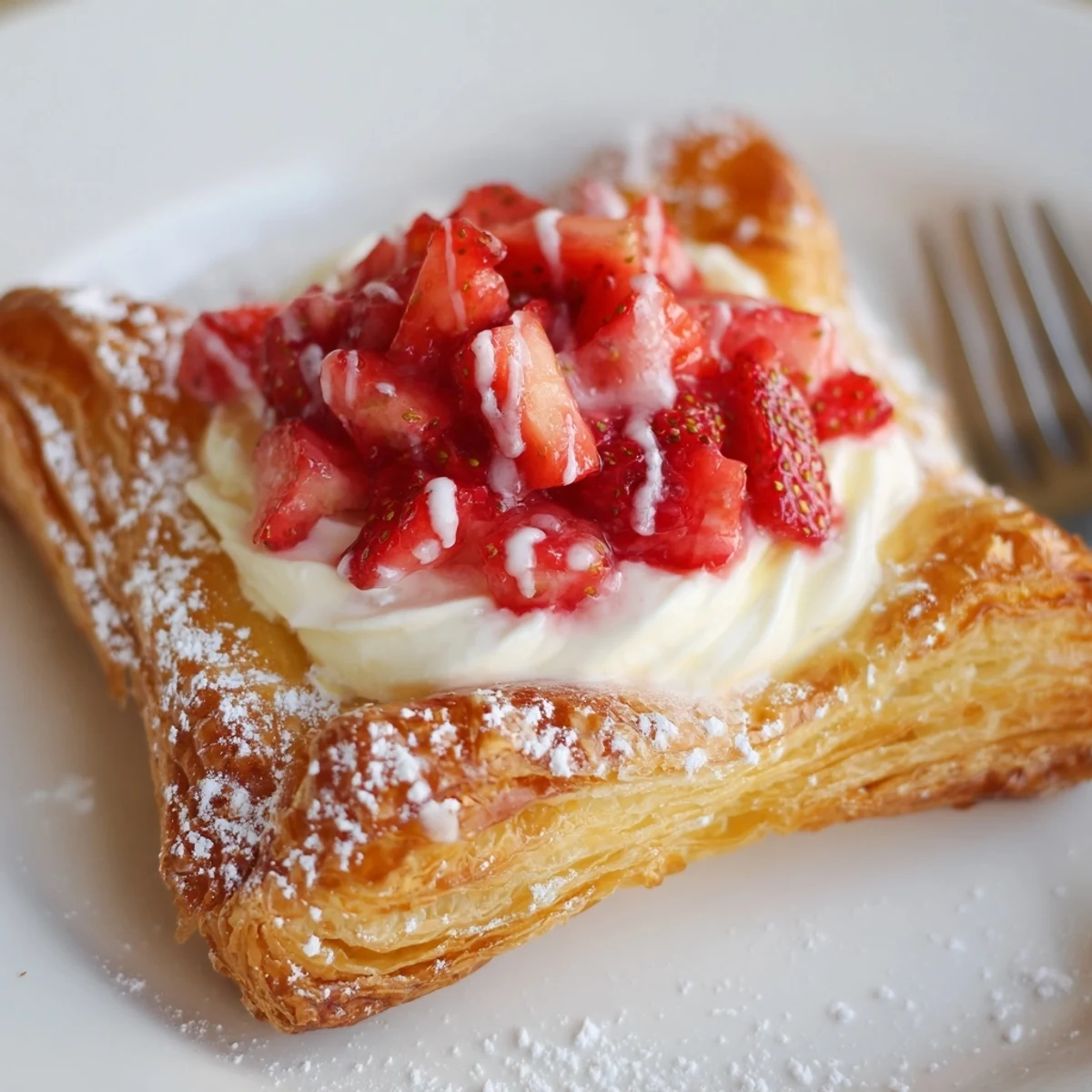 Strawberry Danish Recipe on parchment-lined tray, ready for breakfast with coffee.