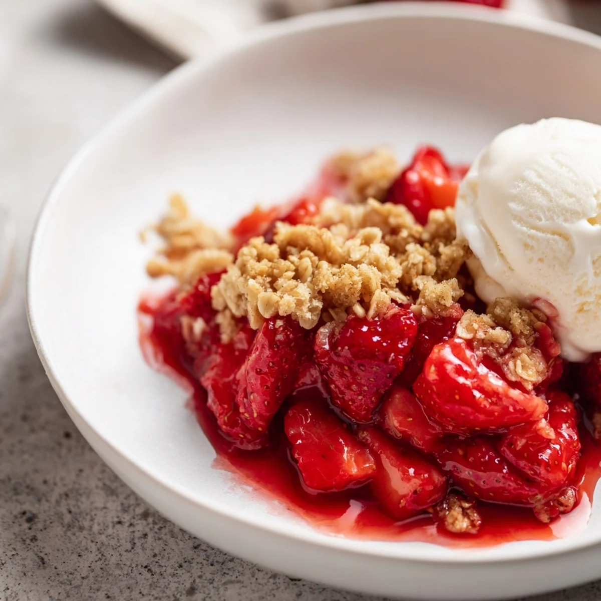Warm Fresh Strawberry Crisp with buttery oat crumble and vanilla ice cream.