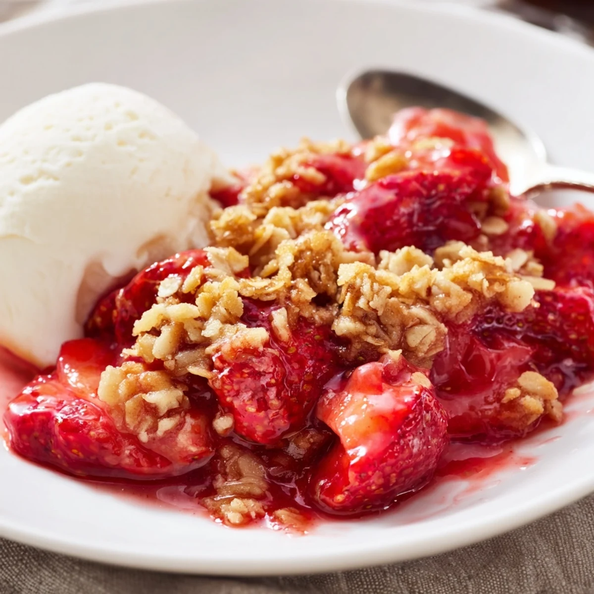 Fresh Strawberry Crisp recipe bubbling in a golden oat topping, served warm.