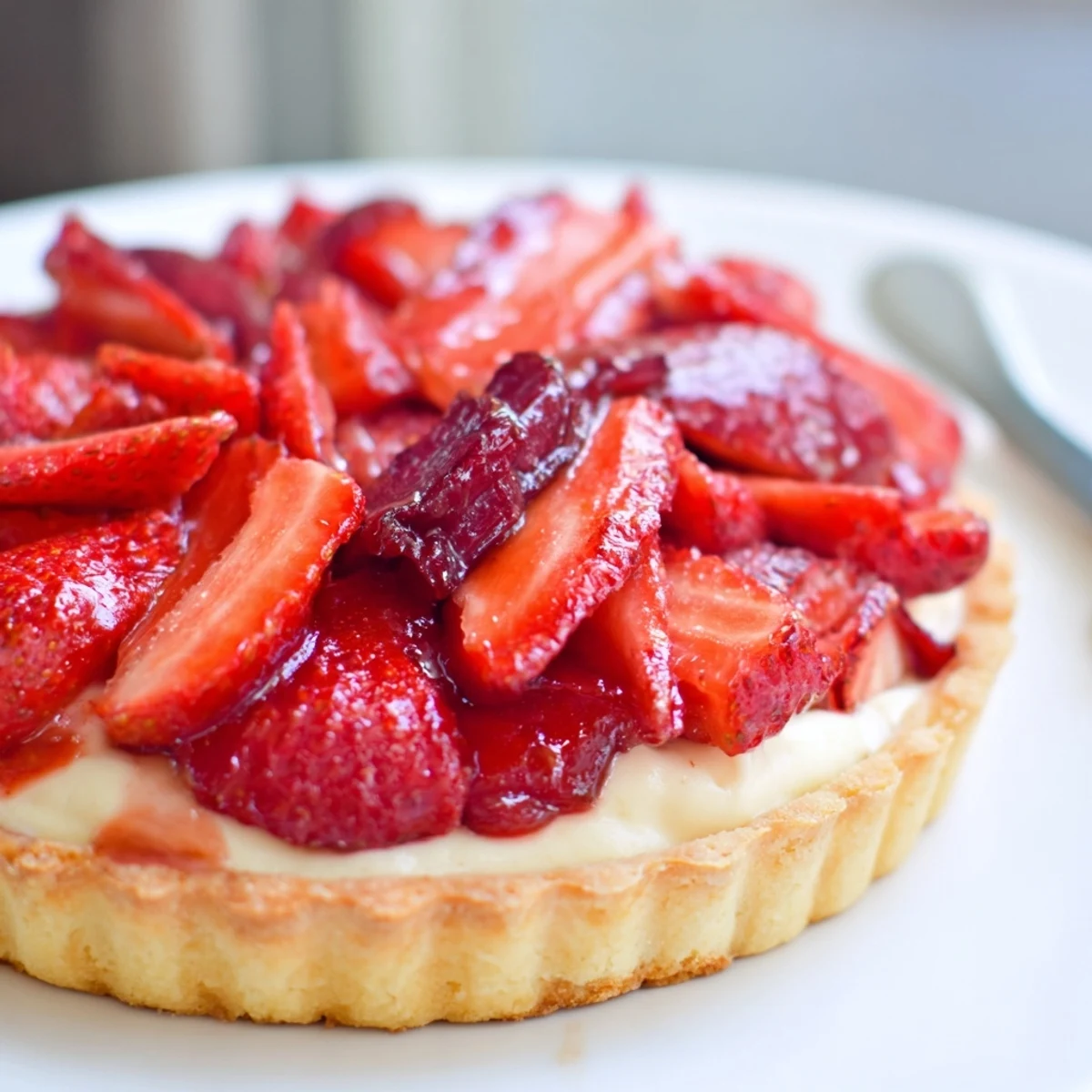 Rustic Tarte aux Fraises on a cooling rack, bright strawberry aroma