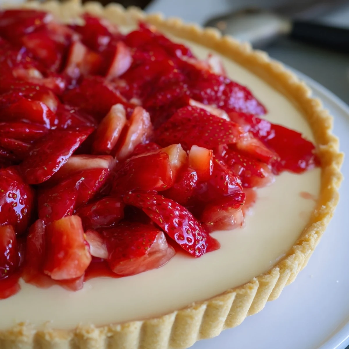 Slice of Tarte aux Fraises with glossy fresh strawberries on vanilla cream