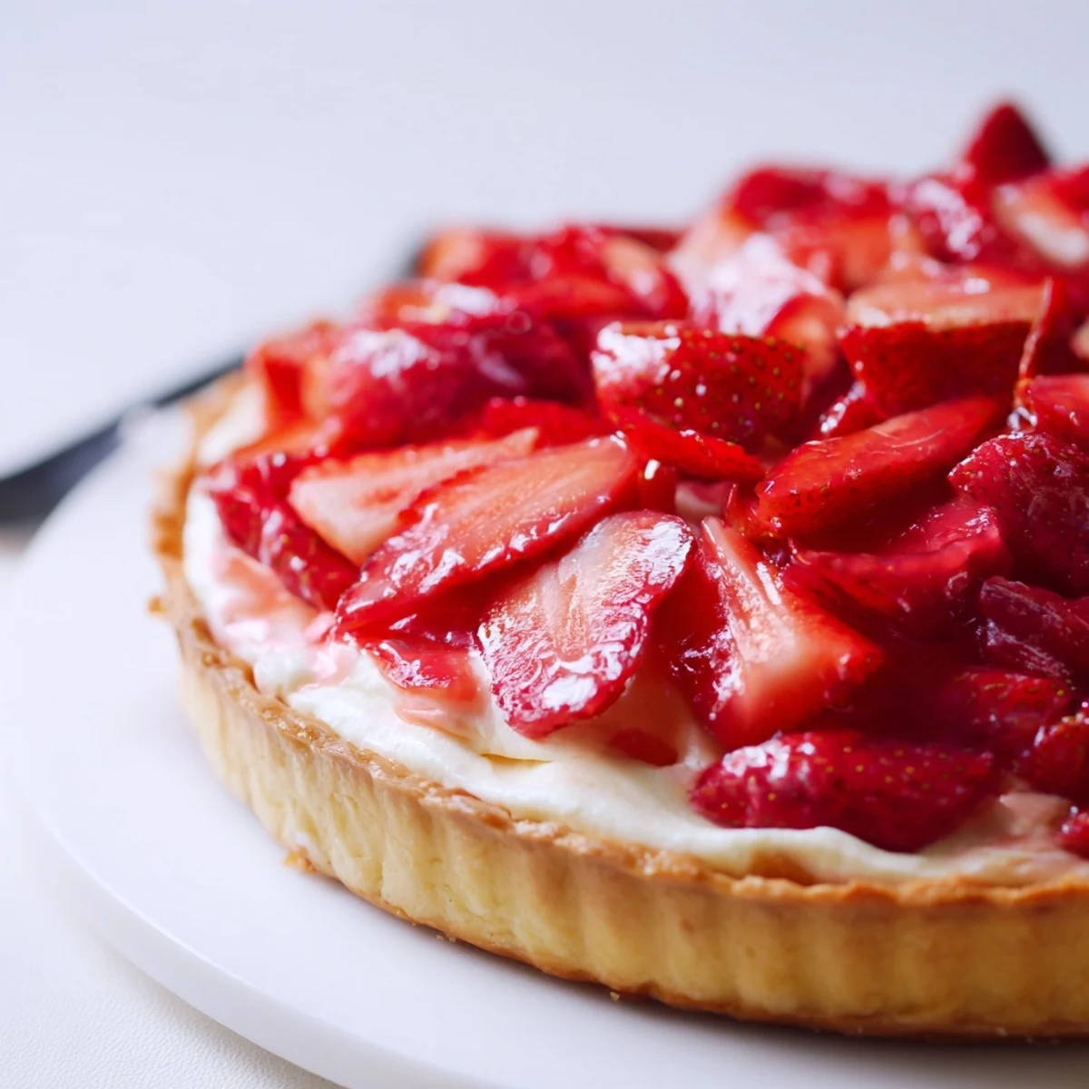 Served Tarte aux Fraises garnished with apricot glaze, creamy custard beneath