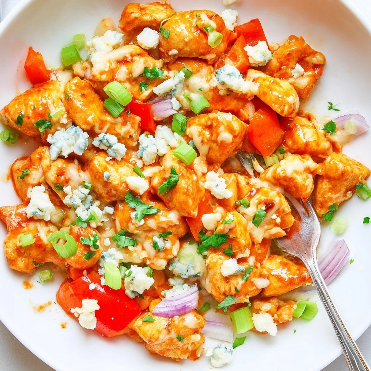 Spicy Keto Buffalo Chicken Skillet tossed with tender peppers, served over cauliflower rice
