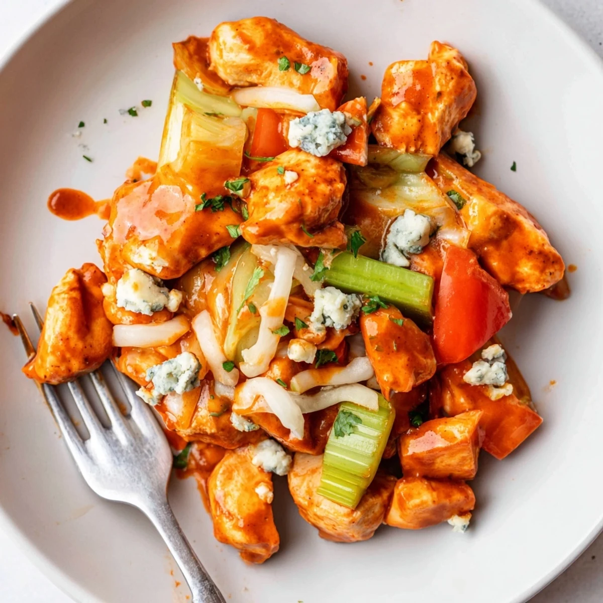 Keto Buffalo Chicken Skillet sizzling with creamy sauce and melted mozzarella