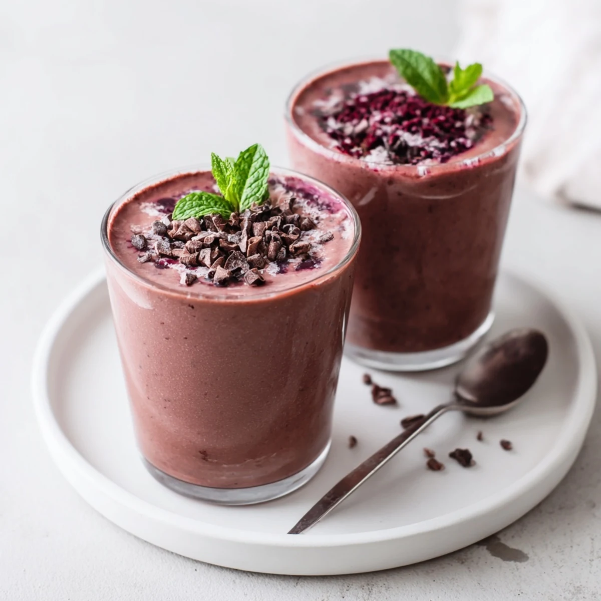 Creamy Chocolate Beet Smoothie poured over ice, sprinkled cacao nibs.