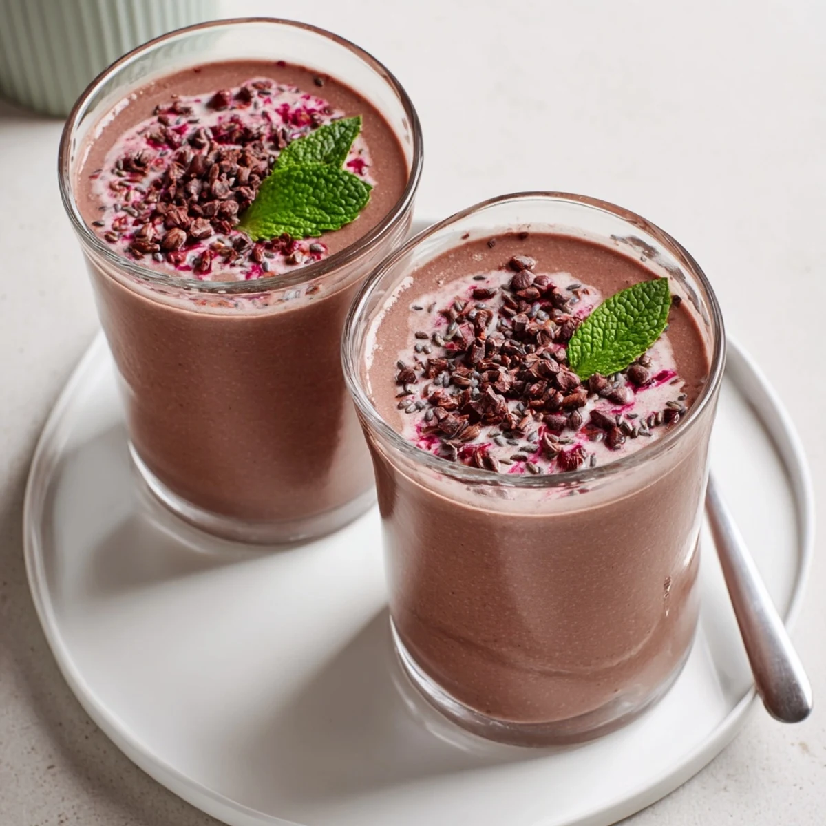 Chocolate Beet Smoothie in glass, velvety deep-pink chocolate aroma, mint garnish.
