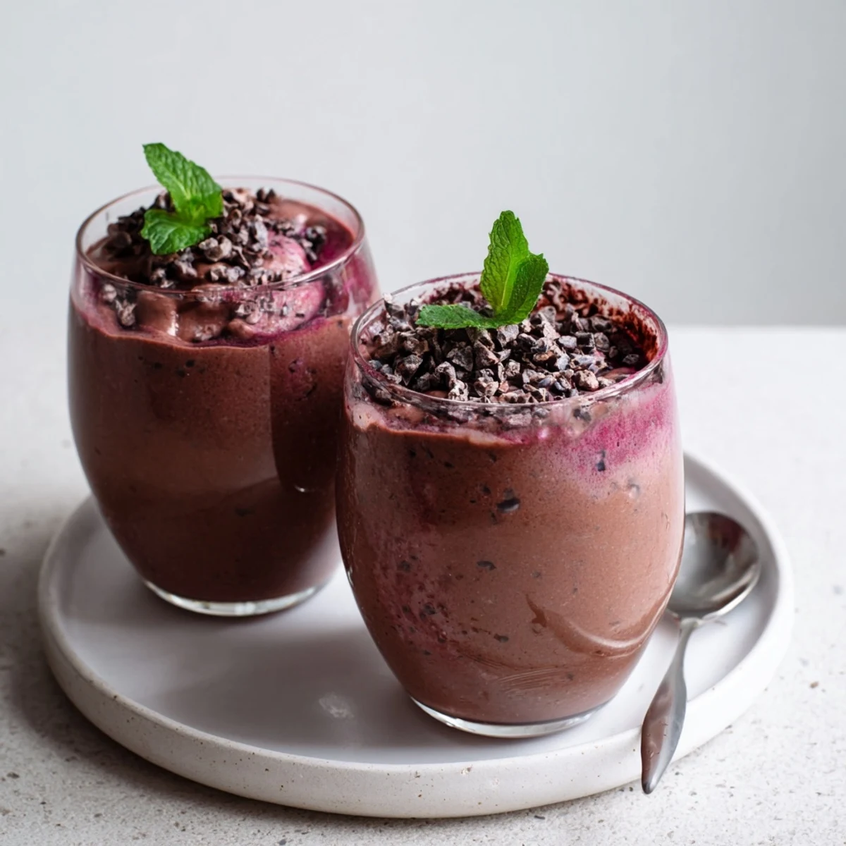 Freshly blended Chocolate Beet Smoothie from high-speed blender, chilled and vibrant.