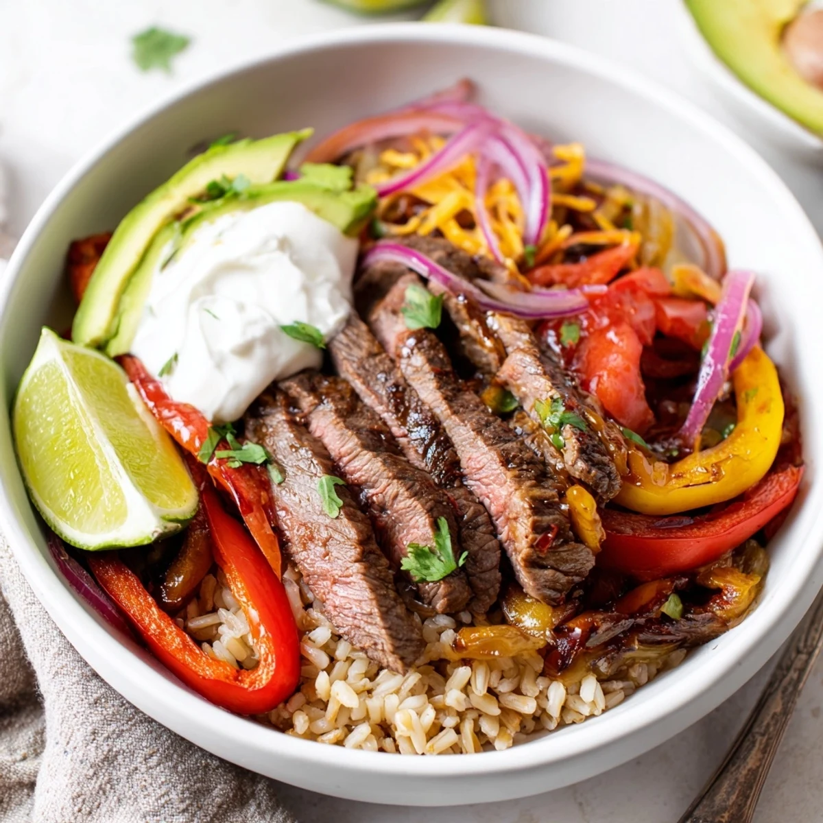 Steak Fajita Power Bowls with charred steak, colorful peppers, creamy avocado slices