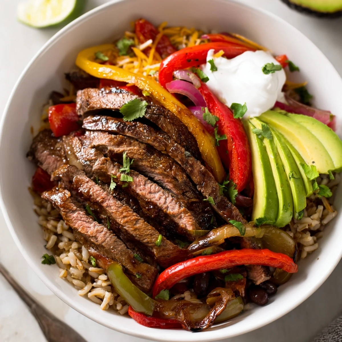 Plated hot, Steak Fajita Power Bowls garnished with lime wedges and cilantro