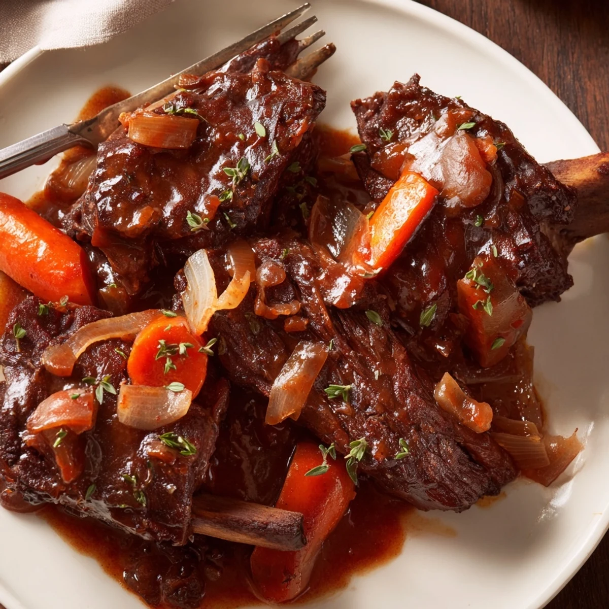 Slow Cooker Beef Short Ribs served over creamy mashed potatoes, savory aromatics