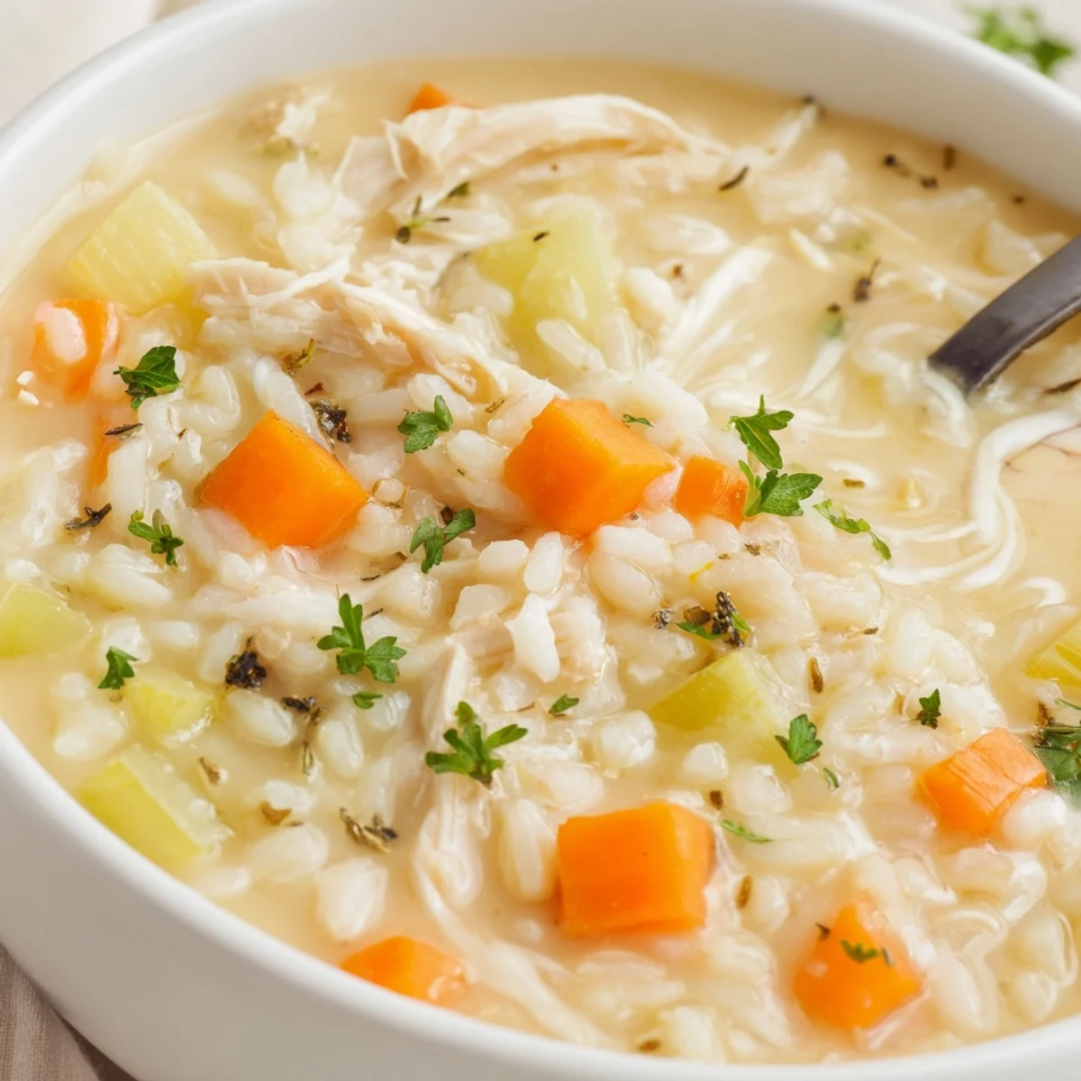 Creamy Chicken Rice Soup steaming in bowl, tender bites, silky broth.