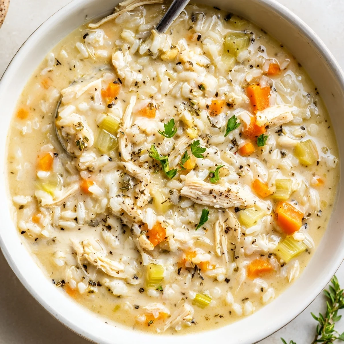 Golden ladle of Creamy Chicken Rice Soup poured over crusty bread.