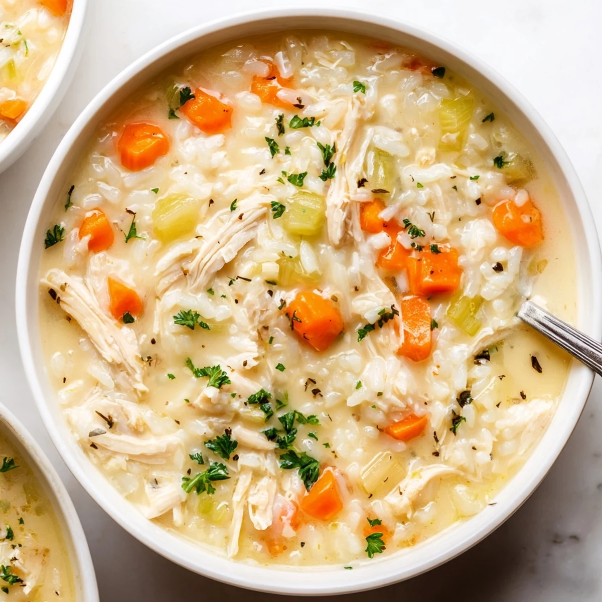 Warm homemade Creamy Chicken Rice Soup with carrots, celery, fresh parsley.