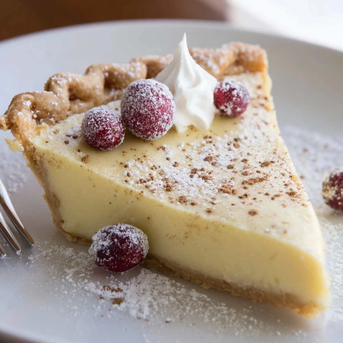 Sliced Christmas Eve Custard Pie With Cinnamon Vanilla, warm silky filling and golden crust.