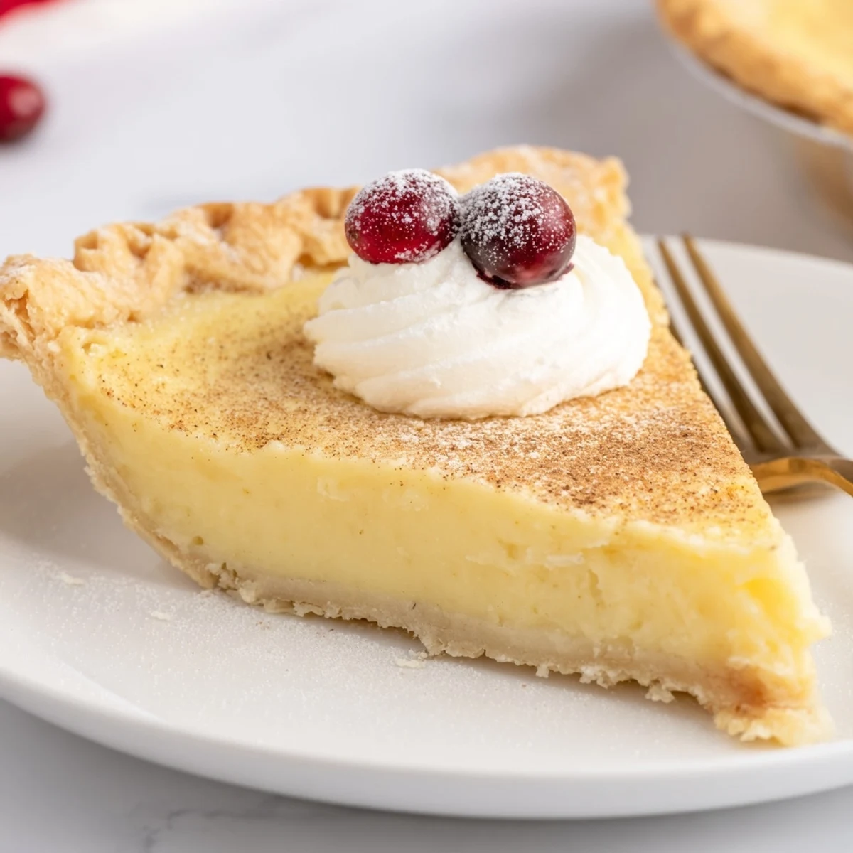 Warm slice of Christmas Eve Custard Pie With Cinnamon Vanilla served with whipped cream.