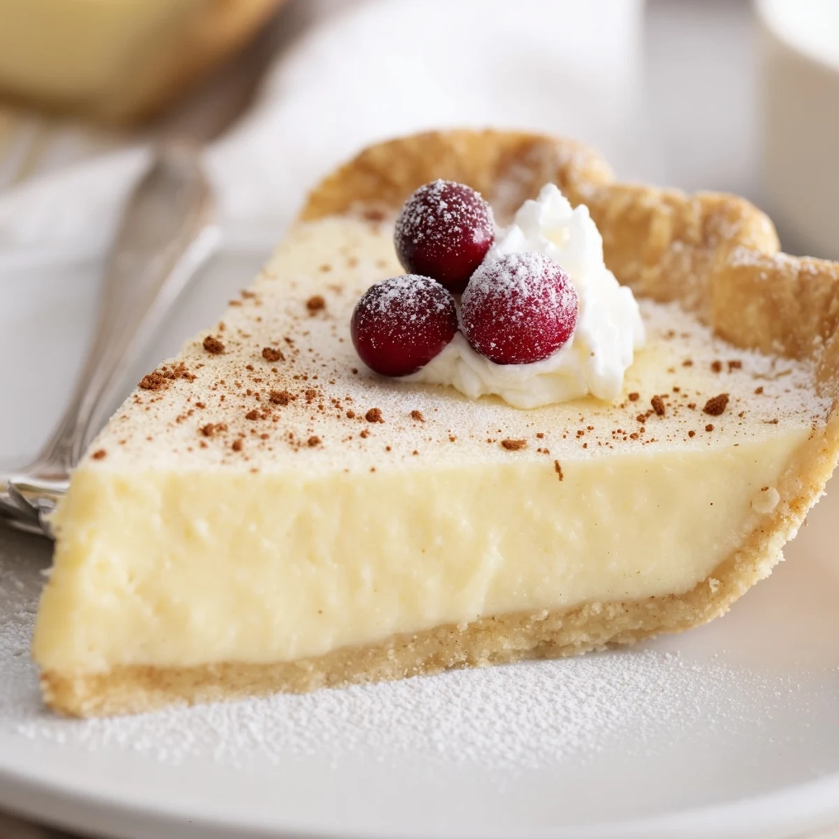 Close-up of Christmas Eve Custard Pie With Cinnamon Vanilla, creamy filling and sugar dusting.