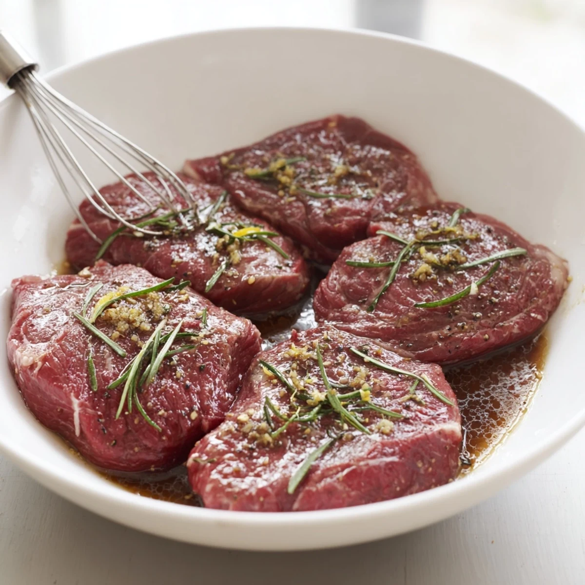 Steak Marinade glistening on skirt steak, garlic-rosemary aroma, ready to grill