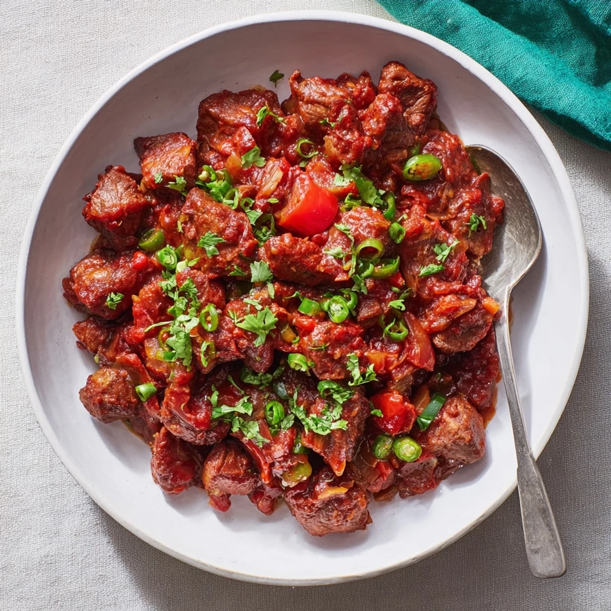 Savory Kenyan goat wet fry features tender meat pieces in a rich, glossy tomato-based sauce with aromatic spices