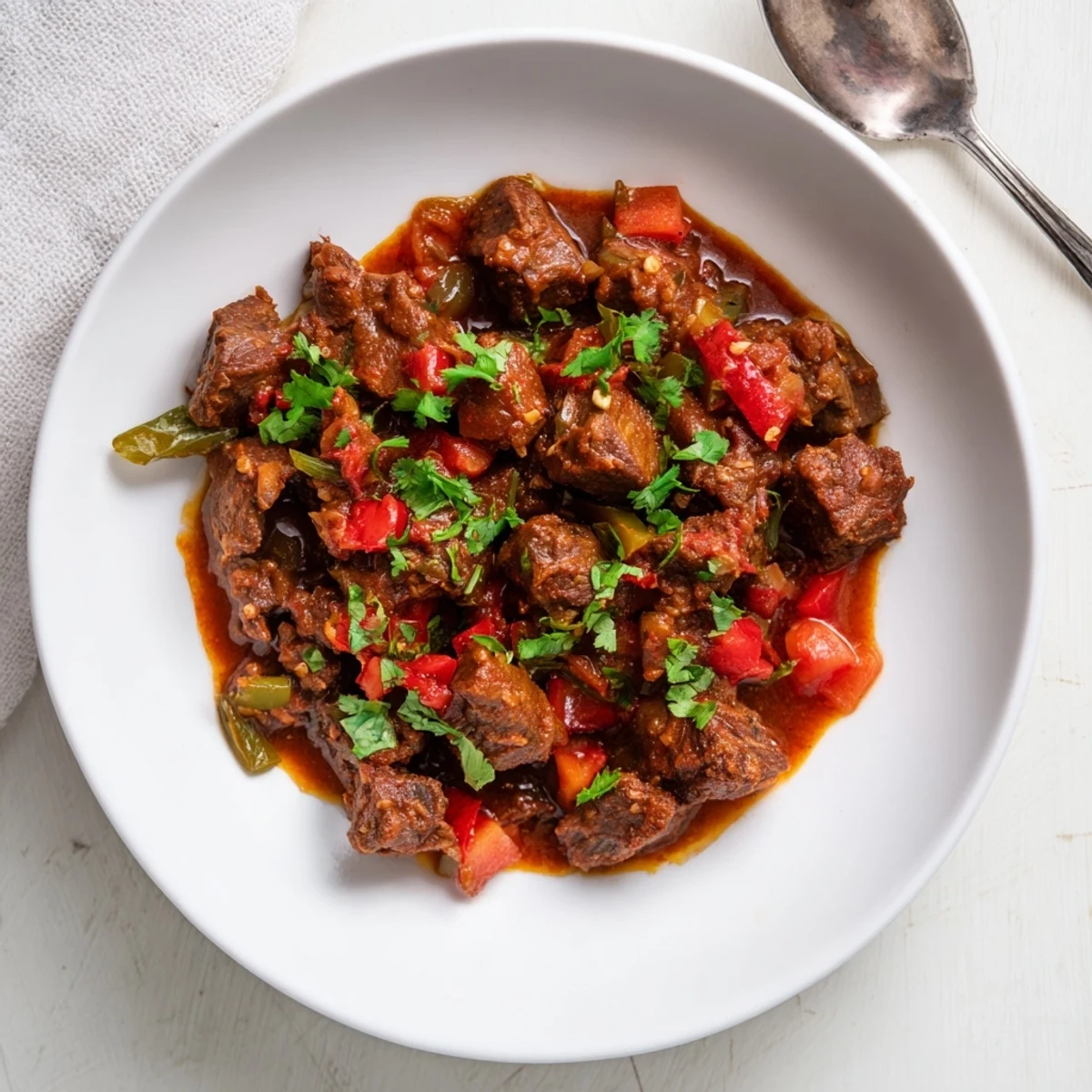 Golden goat meat simmers with onions and tomatoes in this authentic Kenyan wet fry dish finished with fresh cilantro