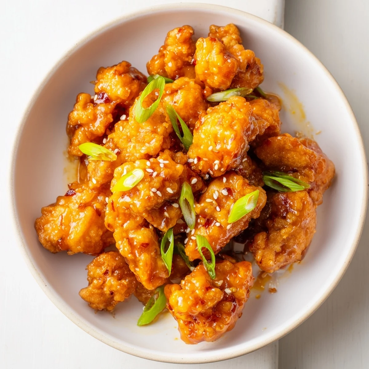 Golden crispy orange chicken pieces glazed in sweet tangy sauce garnished with green onions