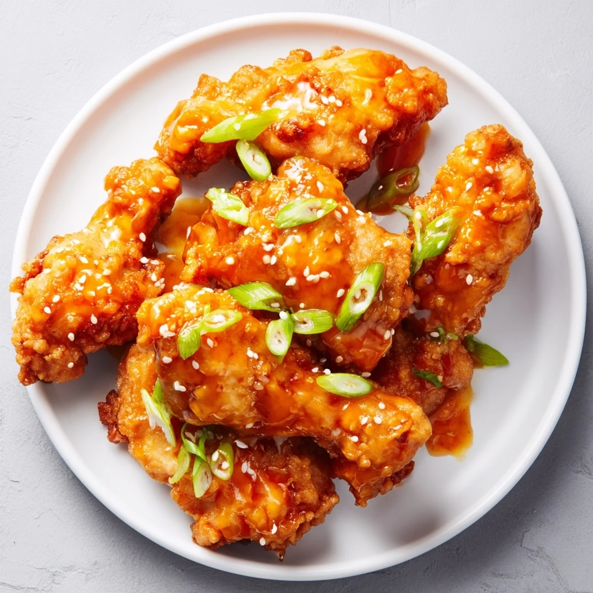 Crispy fried chicken tossed in glossy orange citrus sauce topped with toasted sesame seeds