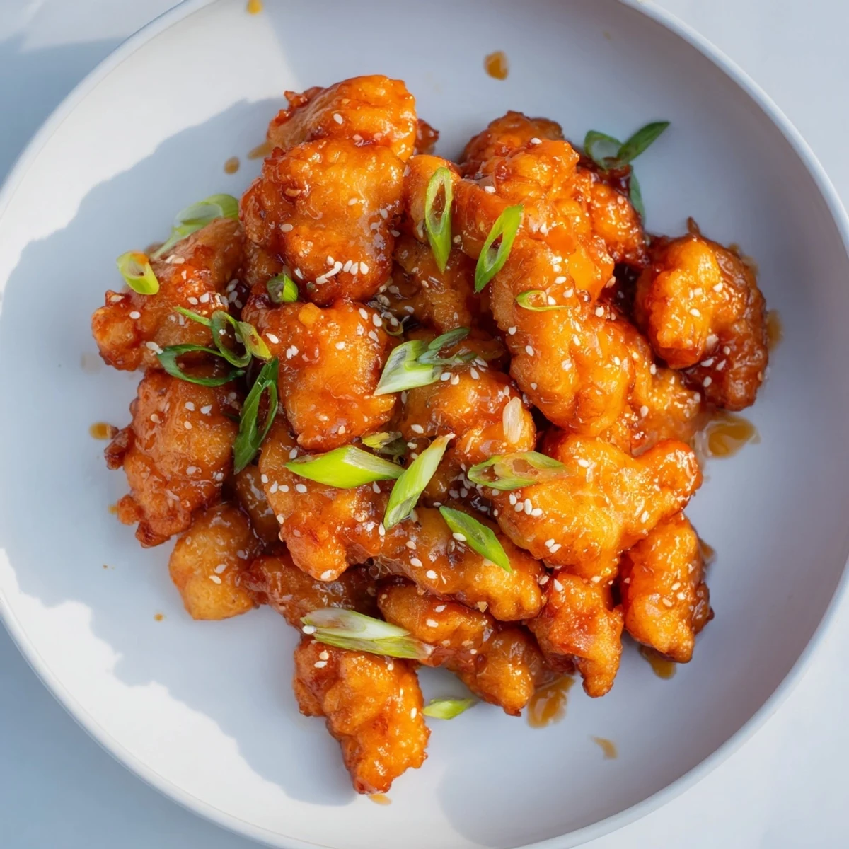 Plate of orange chicken featuring bite-sized crispy pieces coated in thick savory sweet glaze