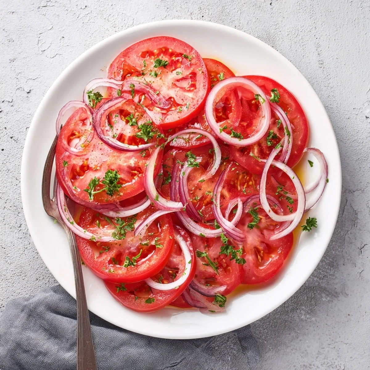 Sliced ripe tomatoes and red onions arranged on a white plate with light dressing