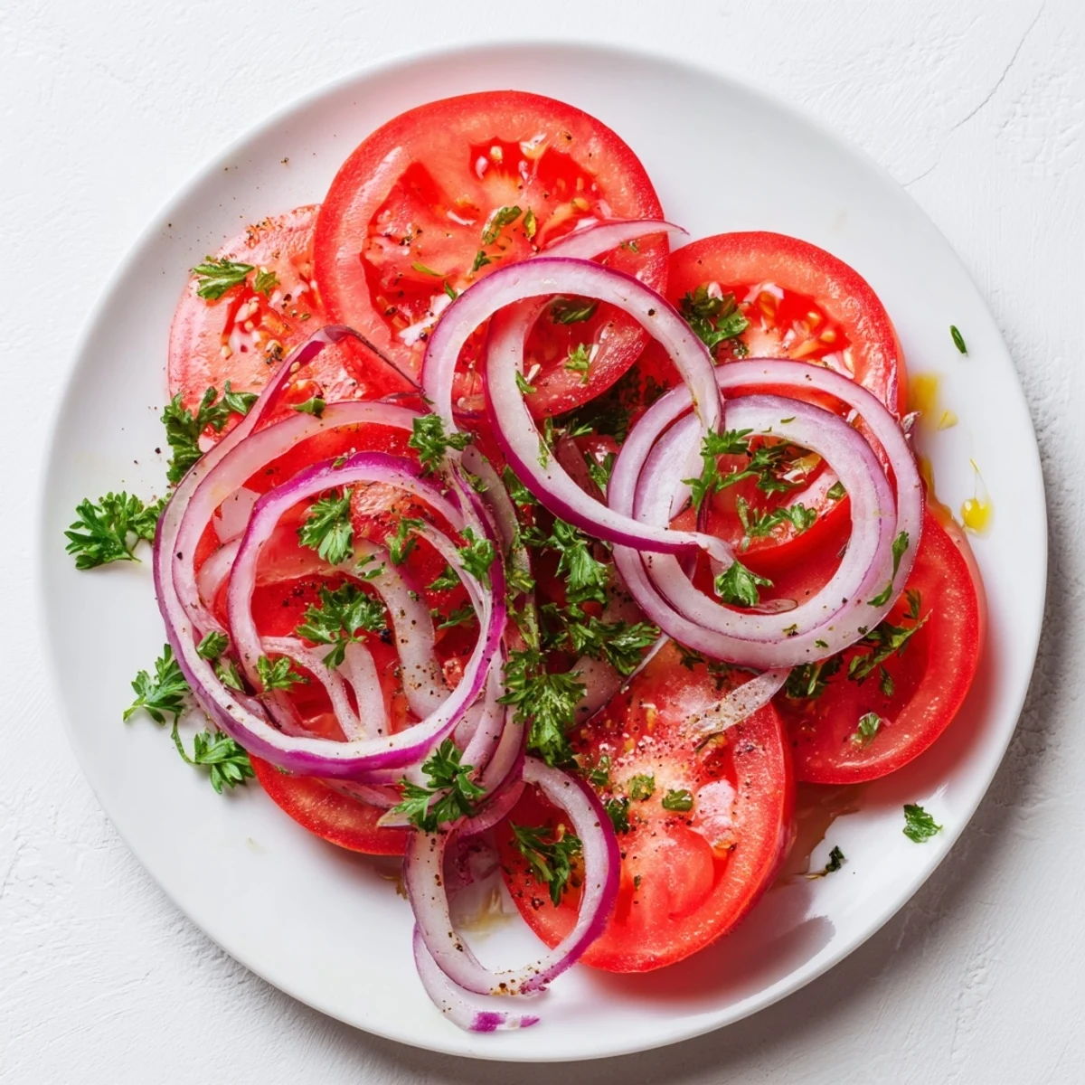 Fresh tomato and onion salad drizzled with olive oil vinaigrette and sprinkled with parsley
