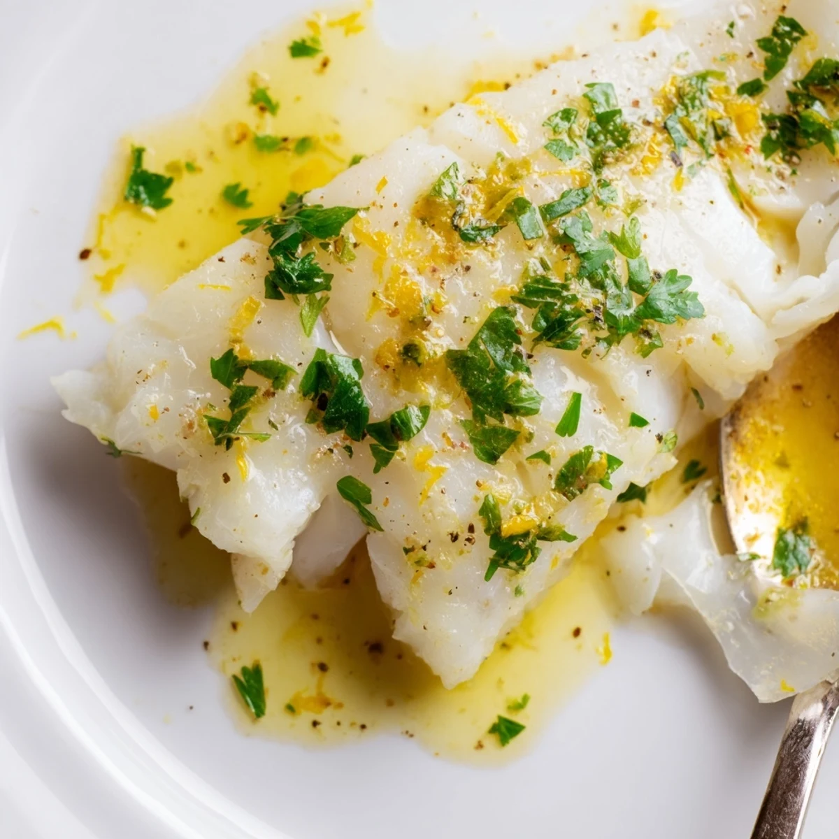 Golden pan-seared cod fillets swimming in rich lemon garlic butter sauce with fresh parsley