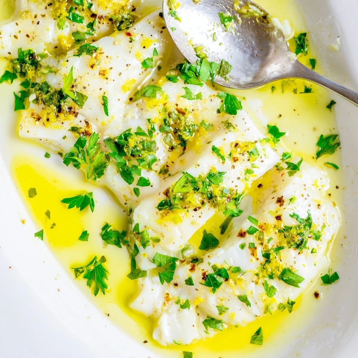 Flaky white fish baked with melted butter, garlic, and bright lemon zest on a plate