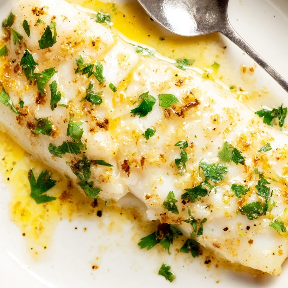 Tender lemon garlic butter cod served with extra sauce and garnished with fresh parsley sprigs