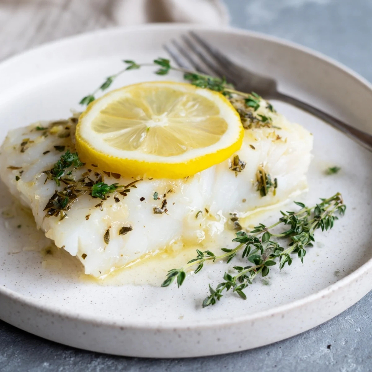 Golden baked cod fillets with fresh lemon slices and green herbs on a white plate