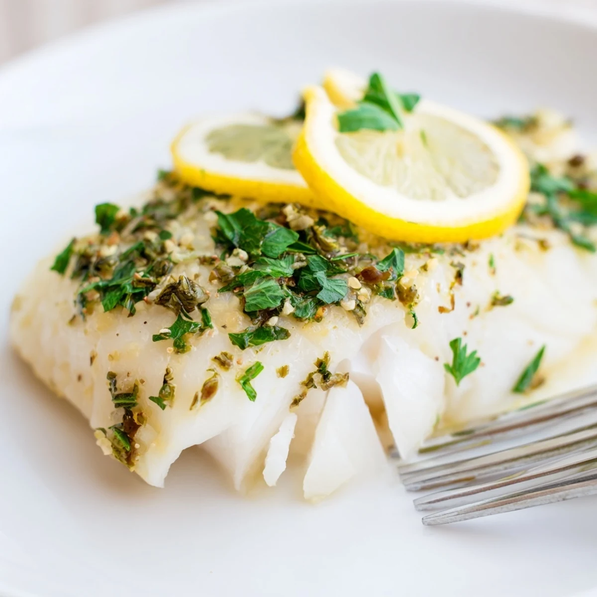 Tender baked cod with garlic butter lemon glaze and parsley garnish on a rustic wooden board