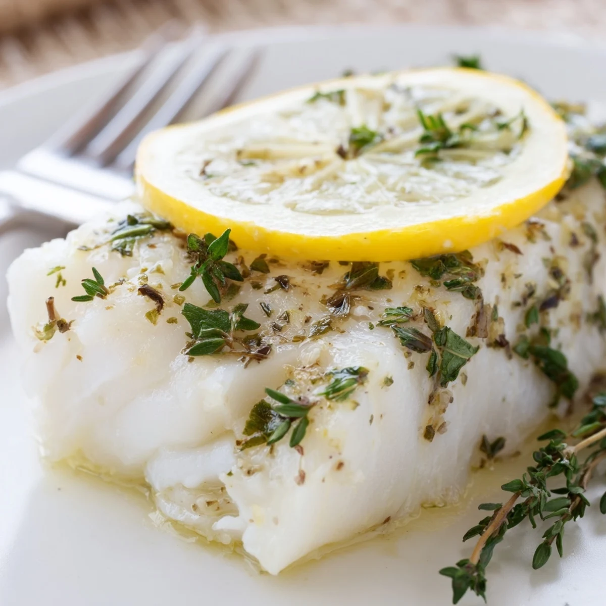 Flaky baked cod seasoned with thyme and paprika served with roasted vegetables and lemon wedges