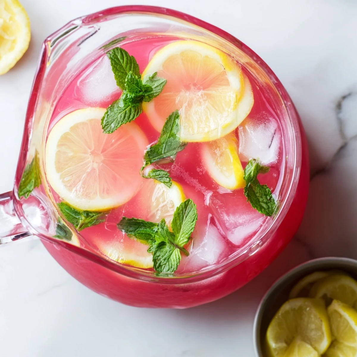 Tall glass of watermelon lemonade garnished with fresh mint slices and ice cubes