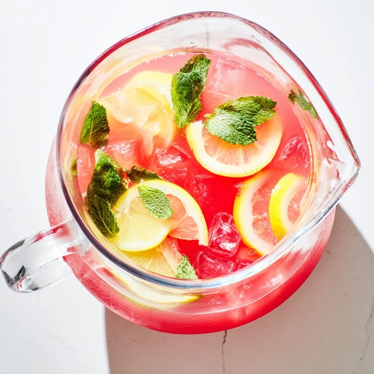 Pitcher of refreshing watermelon lemonade served with lemon wedges on a wooden table