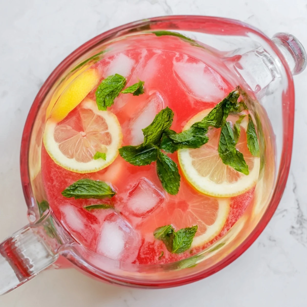 Close-up of pink watermelon lemonade in mason jar with floating ice and mint sprigs